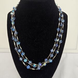 Vintage Triple Strand Blue Aurora Borealis Crystal Beaded Necklace